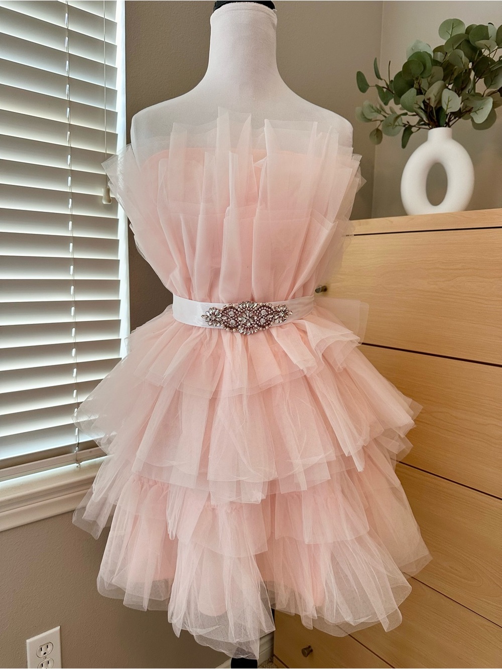 Francesca's Collections Blush Pink Layered Tulle Dress with Crystal Sash